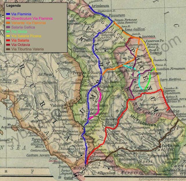 La mappa mostra gli itinerari delle principali vie romane che collegavano Roma al Piceno. Precisiamo che alcuni percorsi sono basati su teorie e ipotesi di ricerca e attendono una conferma archeologica. 